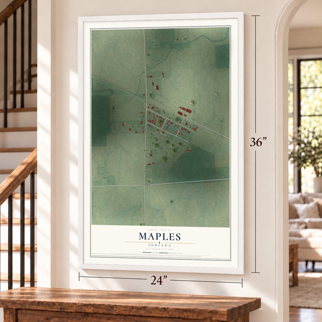 Maples, Indiana map, 24 x 36 inch print in a white frame by a staircase