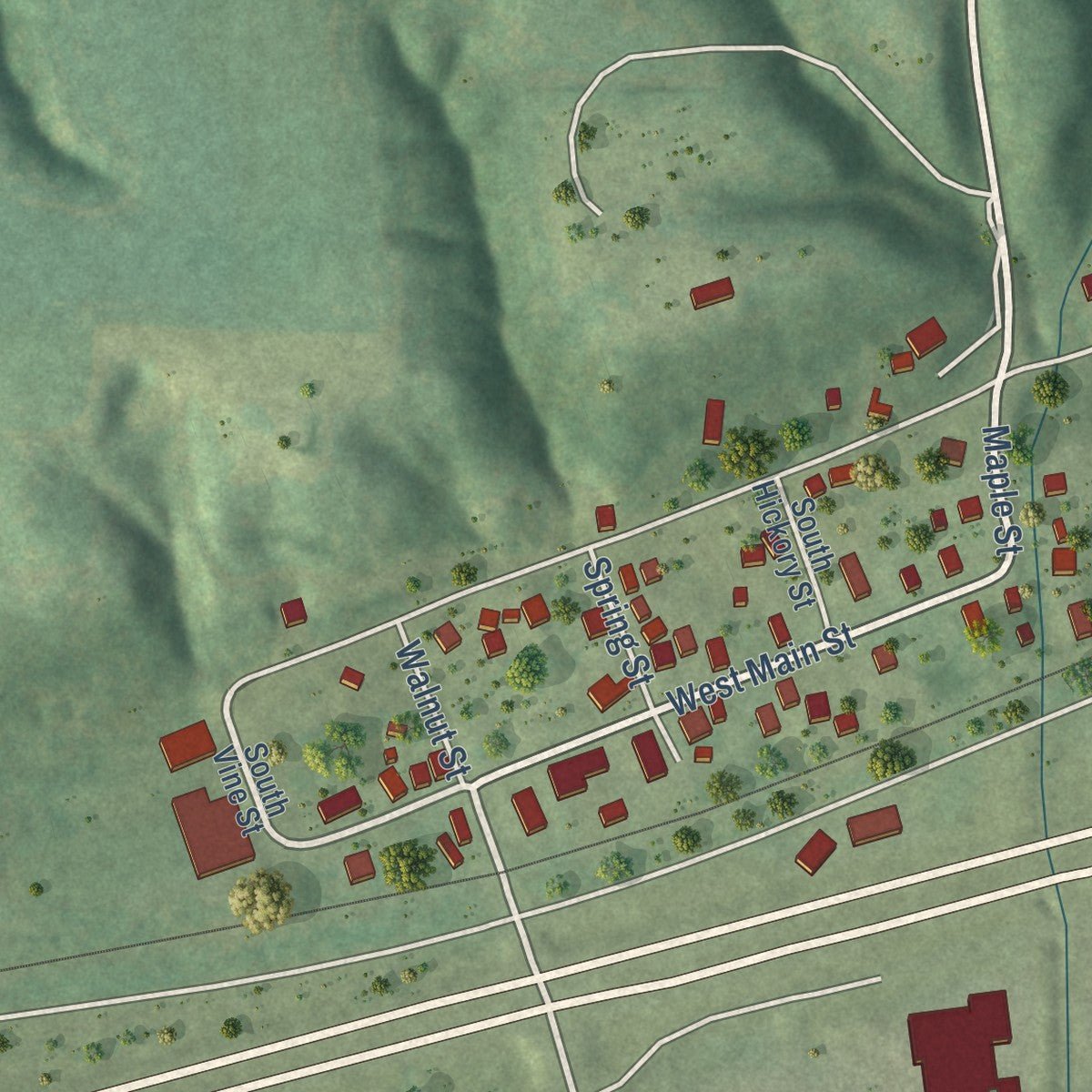 Second close-up of the map of Mapleton, Illinois print showing more streets and buildings
