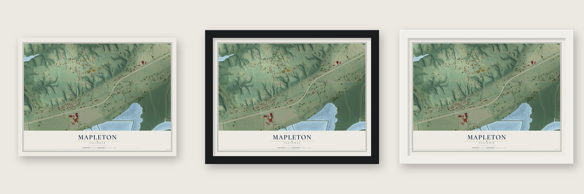 Mapleton, Illinois map unframed, in a black wood frame and in a white wood frame