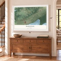 Mapleton, Illinois map, 24 x 36 inch print in a white frame above a dresser by a staircase