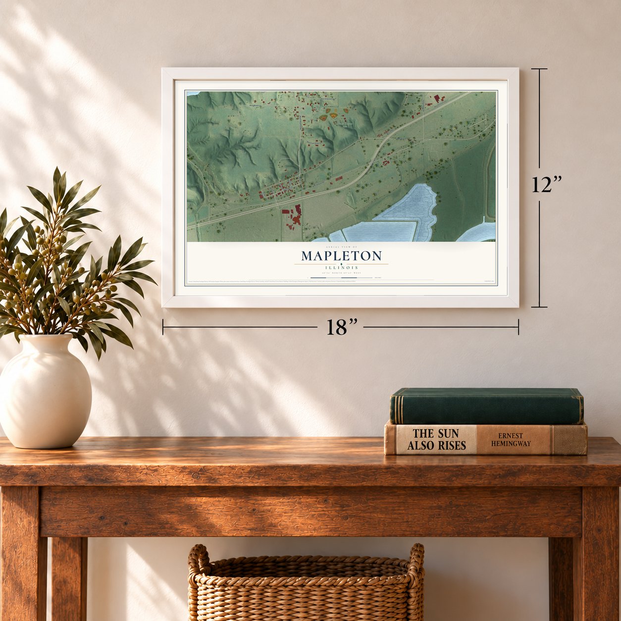 Mapleton, Illinois map, 12 x 18 inch print in a white frame in an entryway