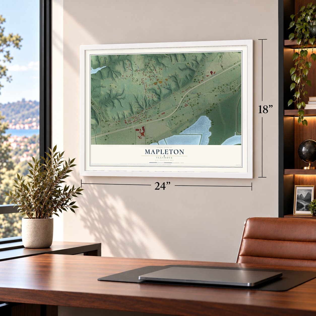 Mapleton, Illinois map, 18 x 24 inch print in a white frame in a home office