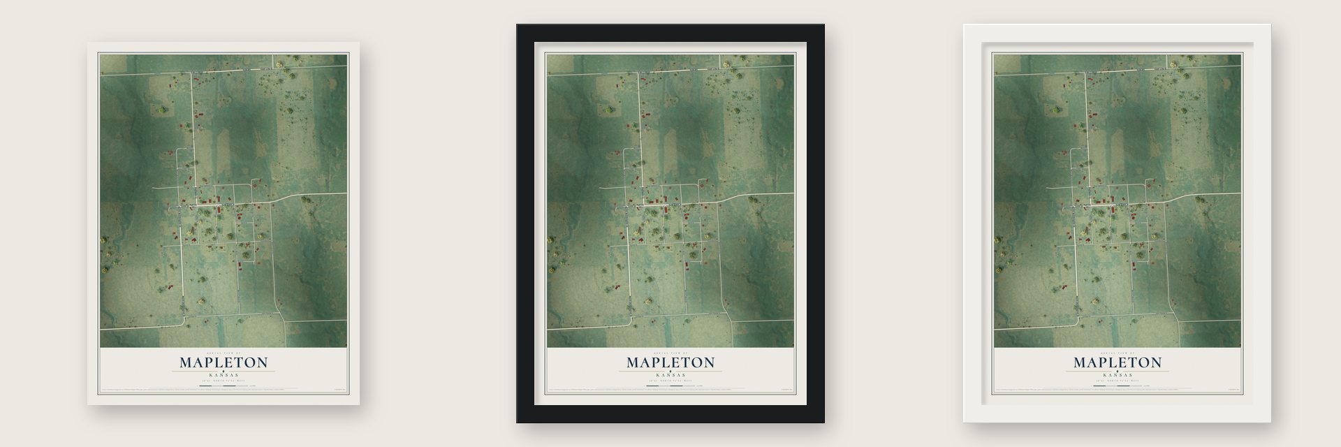 Mapleton, Kansas map unframed, in a black wood frame and in a white wood frame