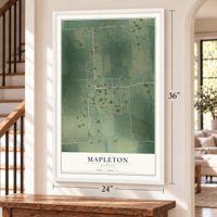 Mapleton, Kansas map, 24 x 36 inch print in a white frame by a staircase