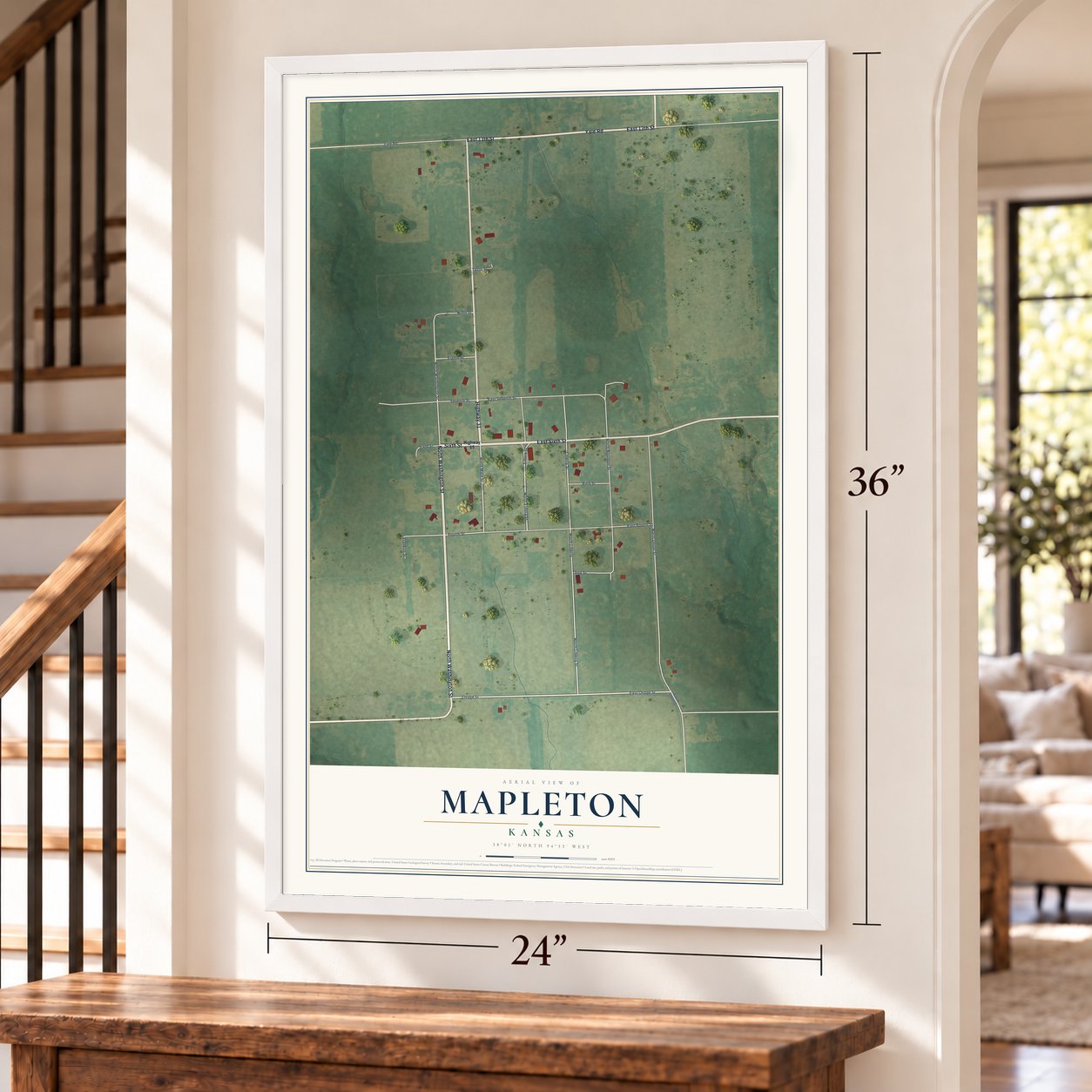 Mapleton, Kansas map, 24 x 36 inch print in a white frame by a staircase