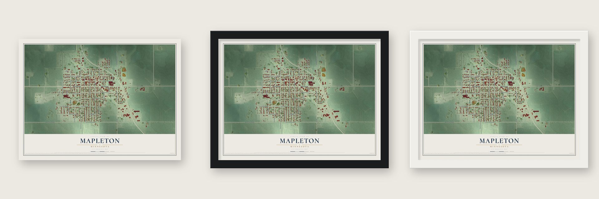 Mapleton, Minnesota map unframed, in a black wood frame and in a white wood frame