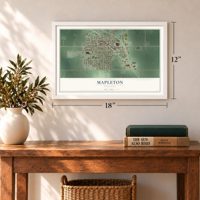 Mapleton, Minnesota map, 12 x 18 inch print in a white frame in an entryway