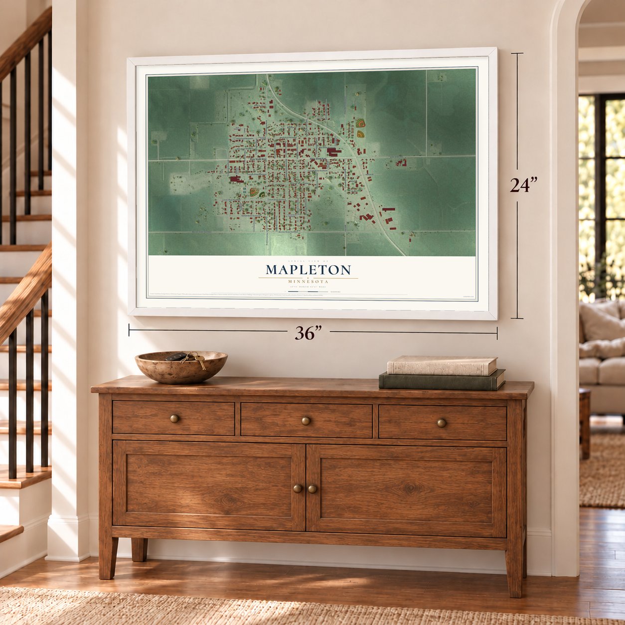 Mapleton, Minnesota map, 24 x 36 inch print in a white frame above a dresser by a staircase