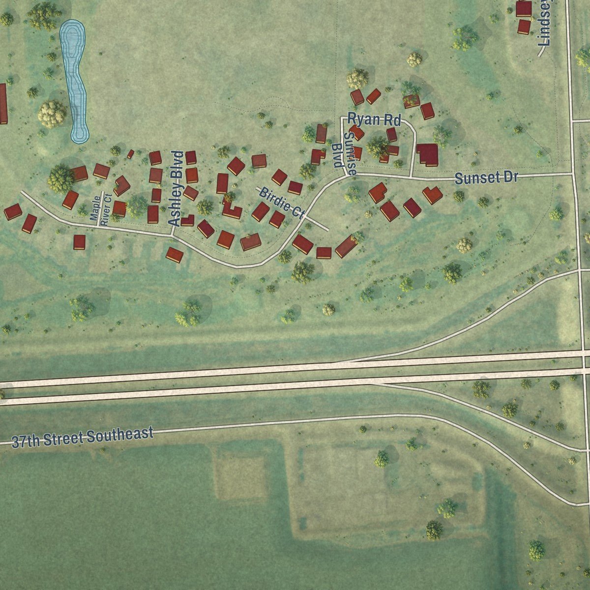 Second close-up of the map of Mapleton, North Dakota print showing more streets and buildings