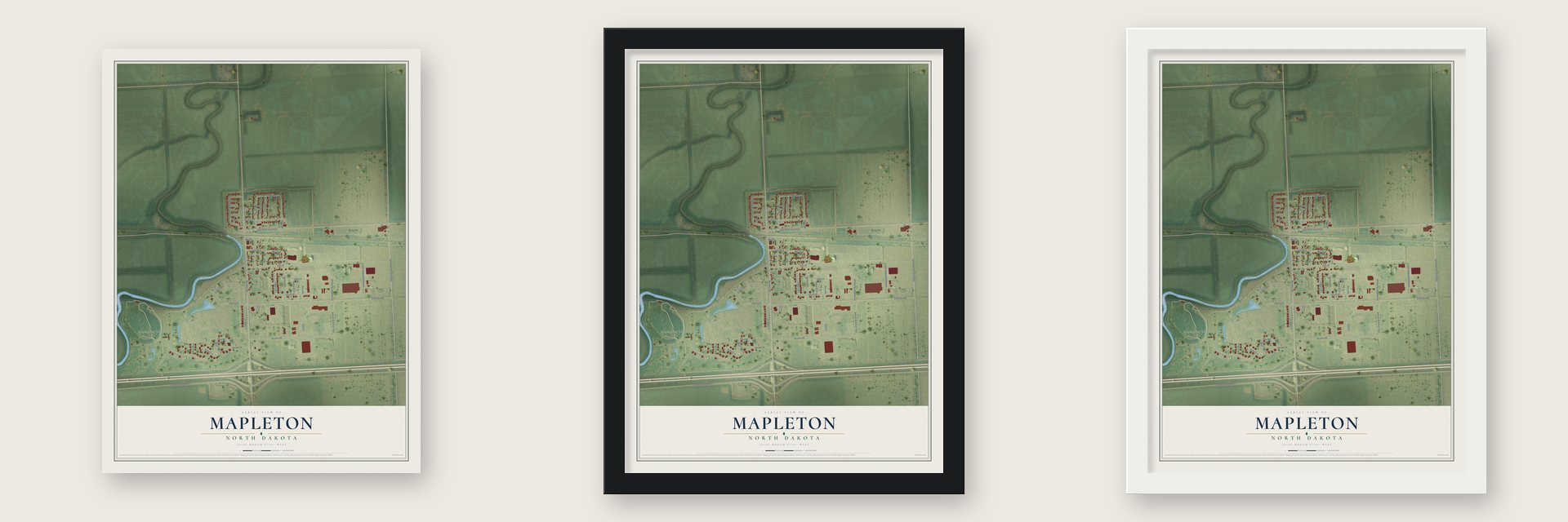 Mapleton, North Dakota map unframed, in a black wood frame and in a white wood frame