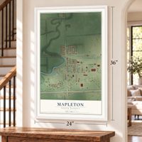 Mapleton, North Dakota map, 24 x 36 inch print in a white frame by a staircase