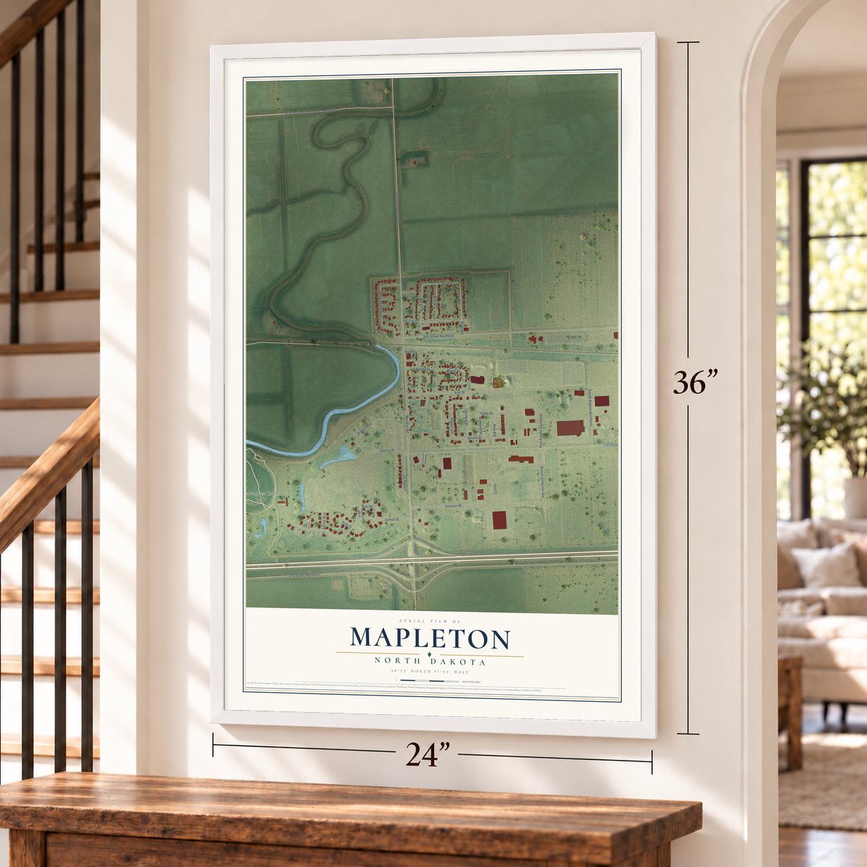 Mapleton, North Dakota map, 24 x 36 inch print in a white frame by a staircase