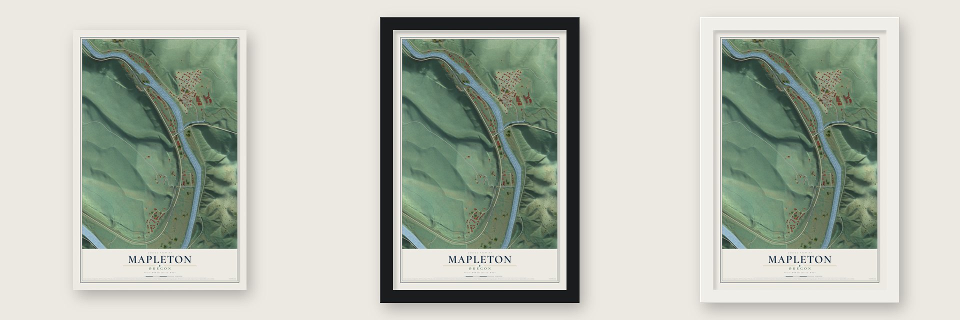 Mapleton, Oregon map unframed, in a black wood frame and in a white wood frame