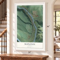 Mapleton, Oregon map, 24 x 36 inch print in a white frame by a staircase