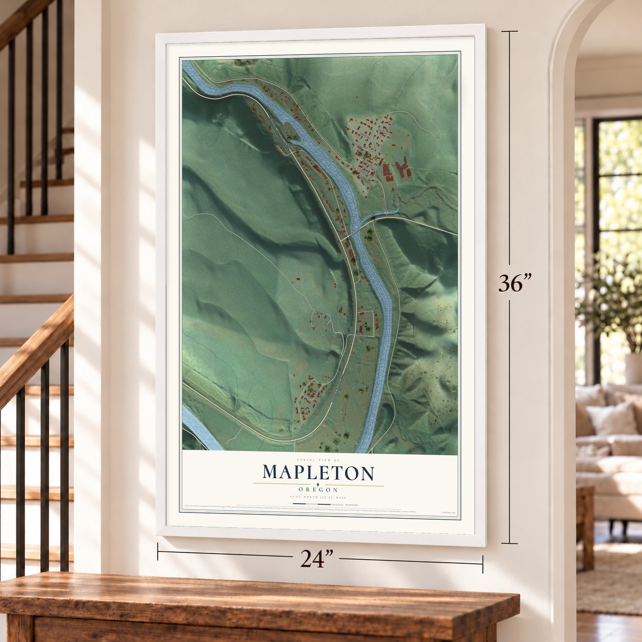 Mapleton, Oregon map, 24 x 36 inch print in a white frame by a staircase