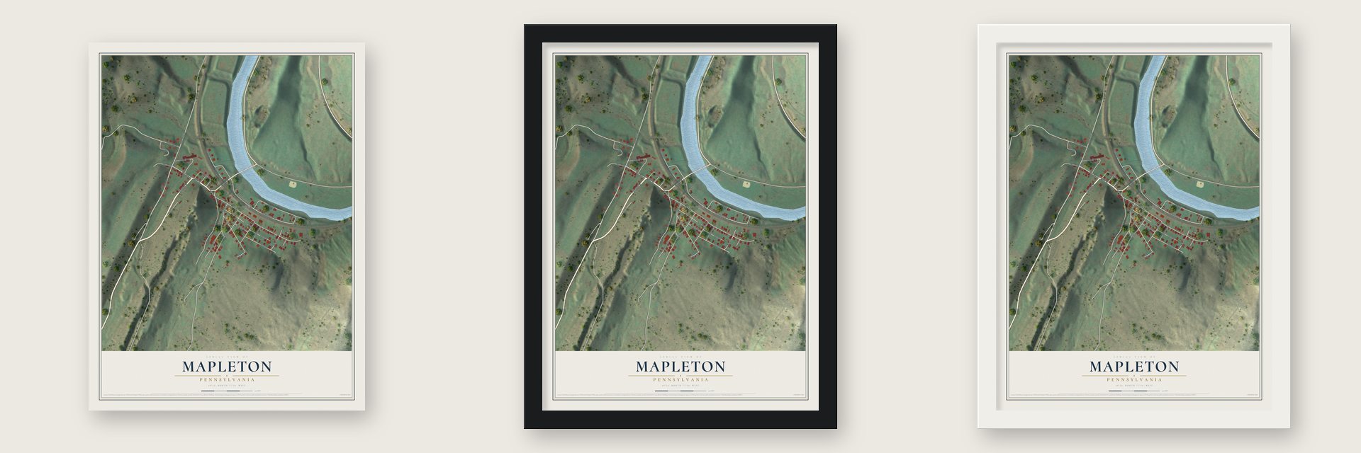 Mapleton, Pennsylvania map unframed, in a black wood frame and in a white wood frame