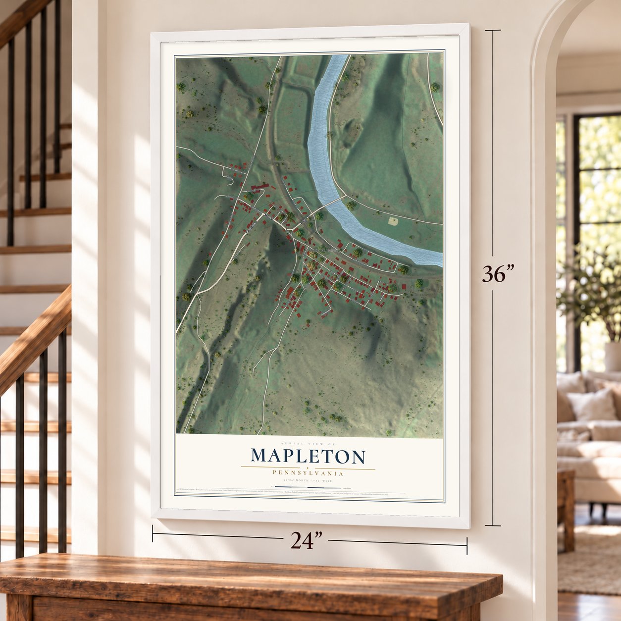 Mapleton, Pennsylvania map, 24 x 36 inch print in a white frame by a staircase