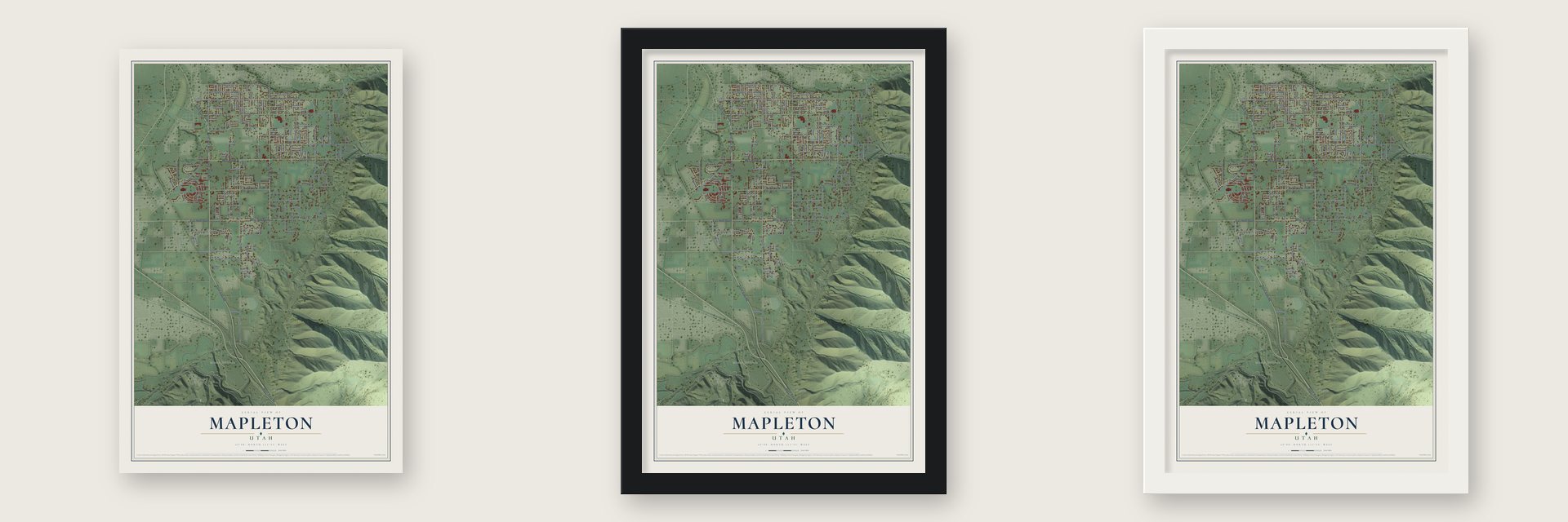 Mapleton, Utah map unframed, in a black wood frame and in a white wood frame