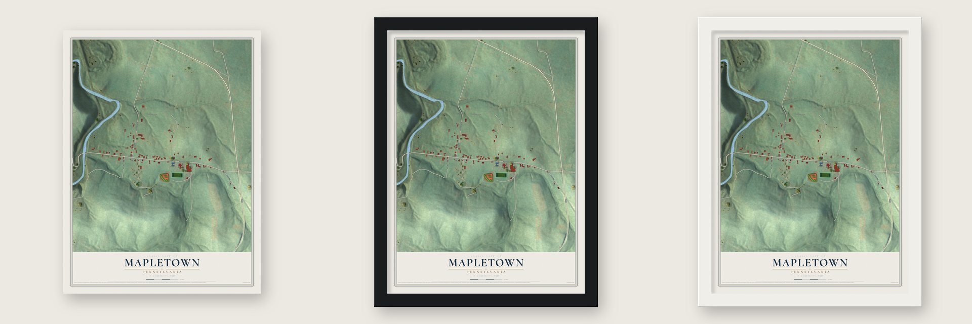 Mapletown, Pennsylvania map unframed, in a black wood frame and in a white wood frame