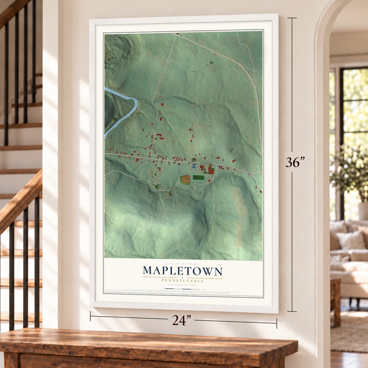 Mapletown, Pennsylvania map, 24 x 36 inch print in a white frame by a staircase