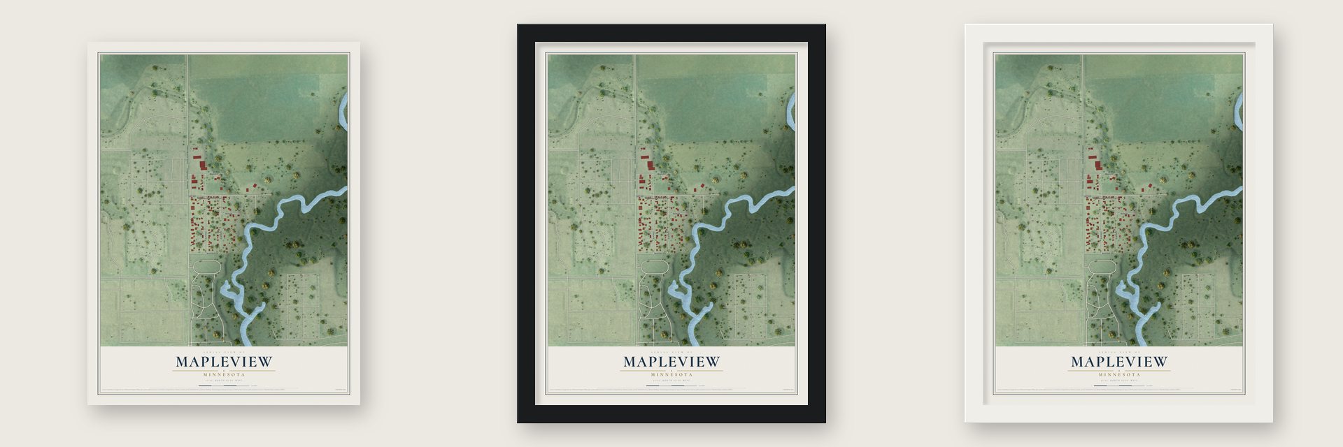 Mapleview, Minnesota map unframed, in a black wood frame and in a white wood frame