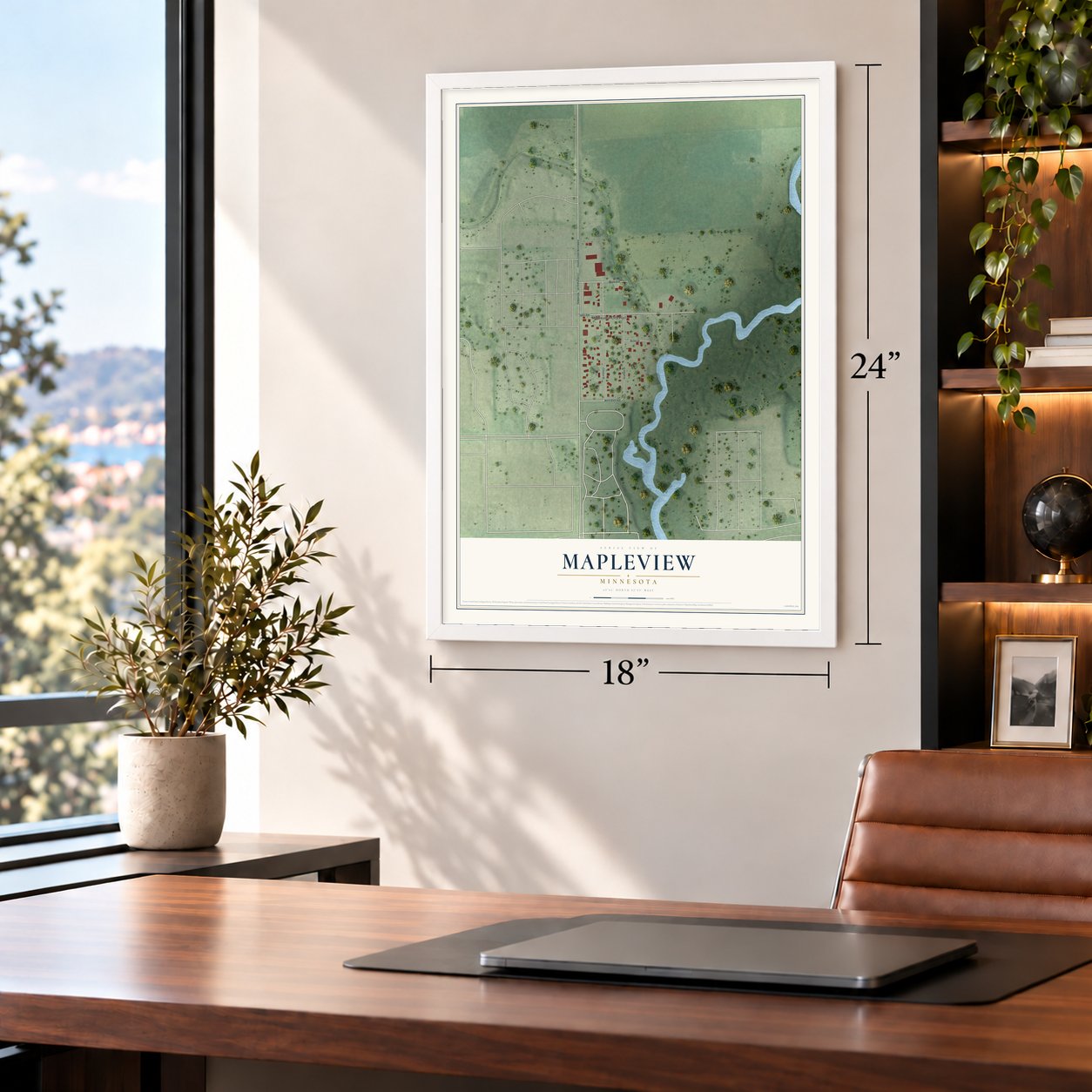 Mapleview, Minnesota map, 18 x 24 inch print in a white frame in a home office