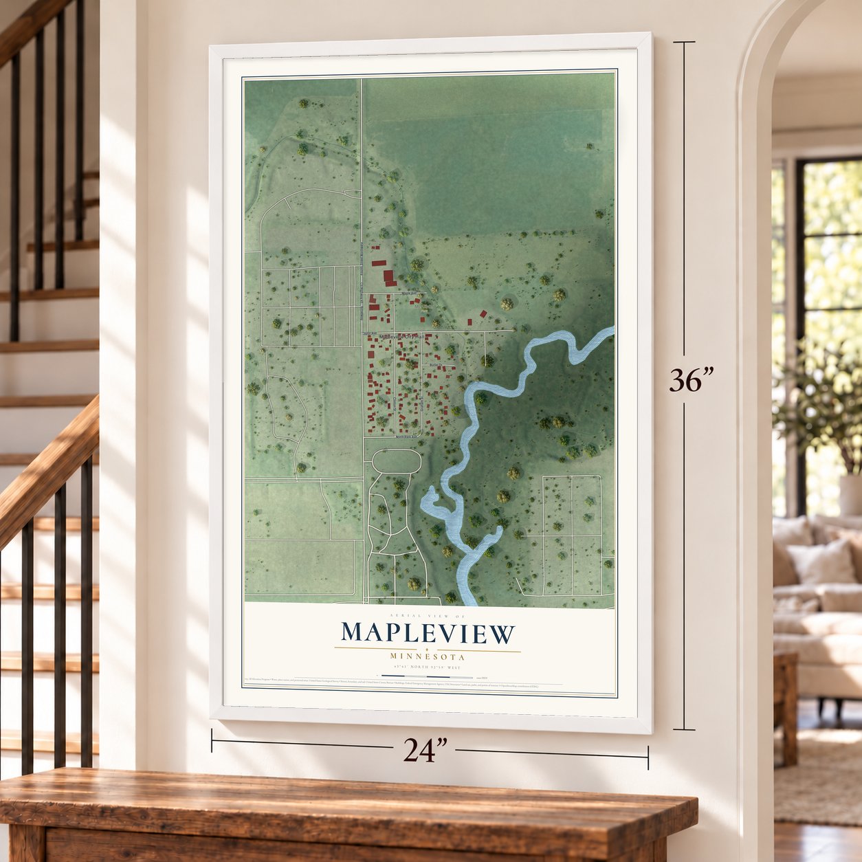 Mapleview, Minnesota map, 24 x 36 inch print in a white frame by a staircase