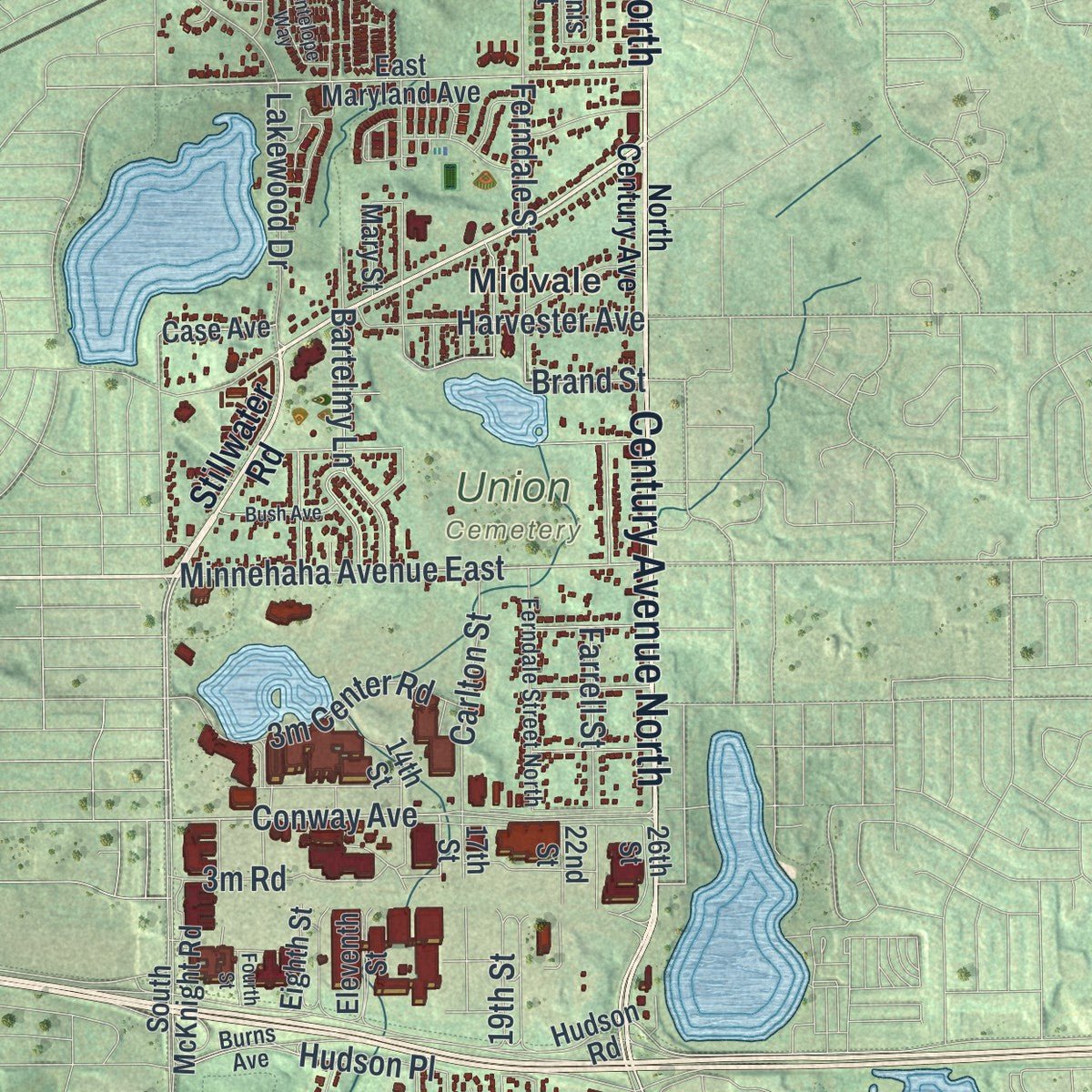 Second close-up of the map of Maplewood, Minnesota print showing more streets and buildings