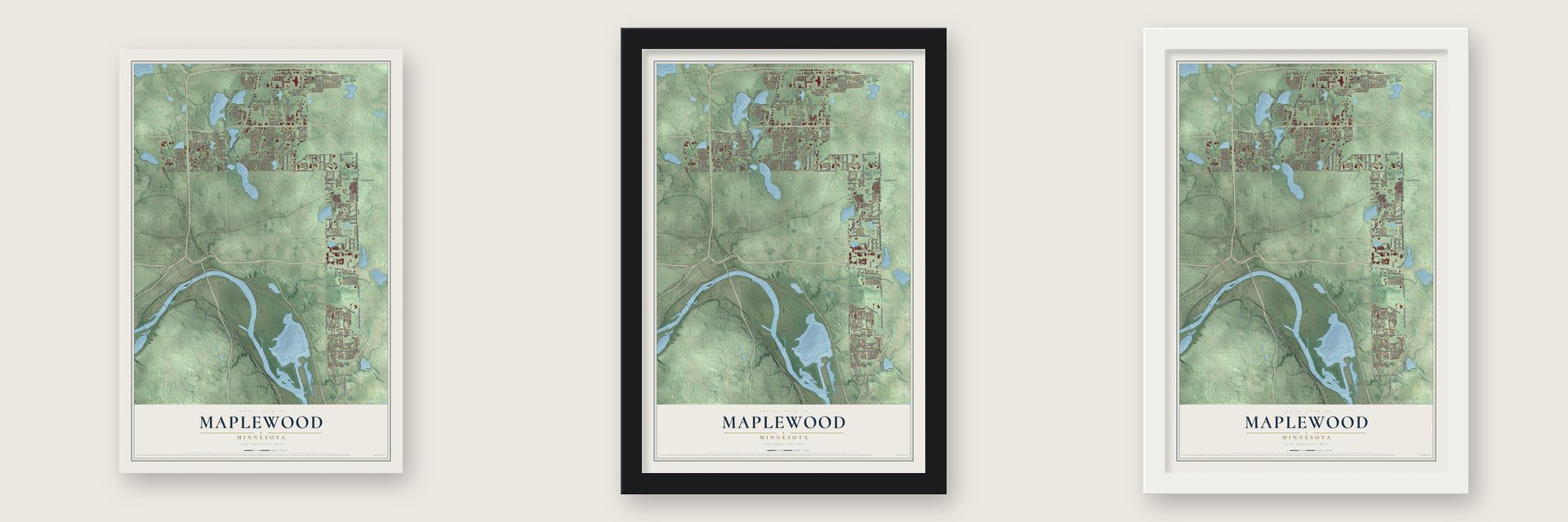 Maplewood, Minnesota map unframed, in a black wood frame and in a white wood frame