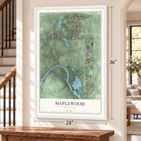 Maplewood, Minnesota map, 24 x 36 inch print in a white frame by a staircase