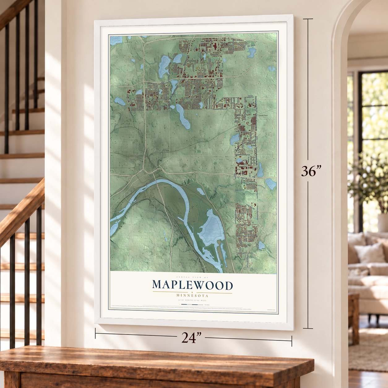 Maplewood, Minnesota map, 24 x 36 inch print in a white frame by a staircase