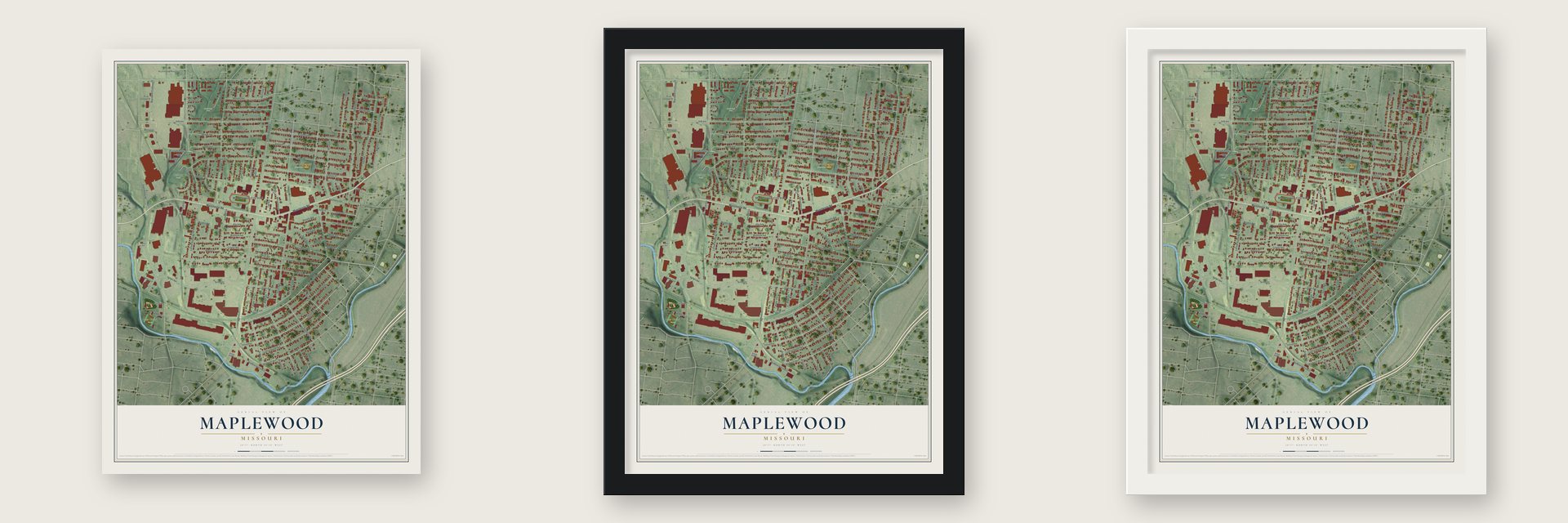 Maplewood, Missouri map unframed, in a black wood frame and in a white wood frame