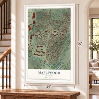 Maplewood, Missouri map, 24 x 36 inch print in a white frame by a staircase