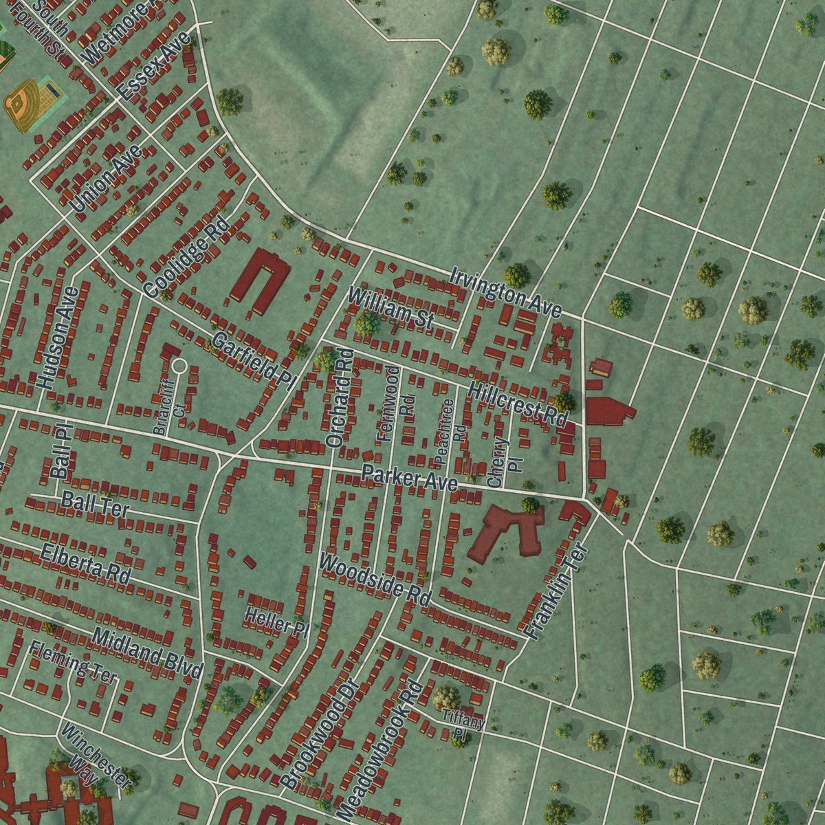 Second close-up of the map of Maplewood, New Jersey print showing more streets and buildings