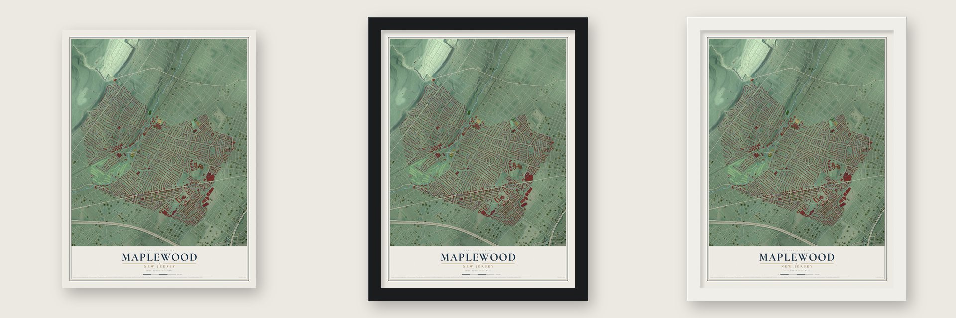Maplewood, New Jersey map unframed, in a black wood frame and in a white wood frame