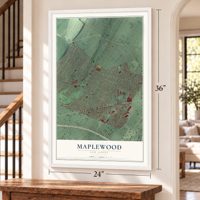 Maplewood, New Jersey map, 24 x 36 inch print in a white frame by a staircase
