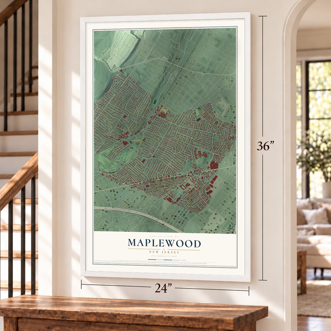 Maplewood, New Jersey map, 24 x 36 inch print in a white frame by a staircase