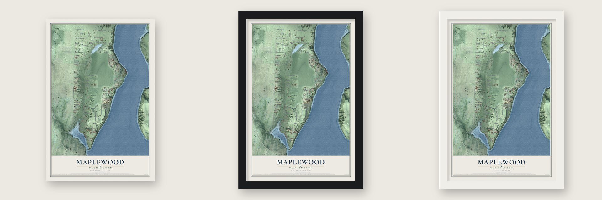 Maplewood, Washington map unframed, in a black wood frame and in a white wood frame