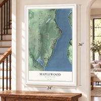 Maplewood, Washington map, 24 x 36 inch print in a white frame by a staircase