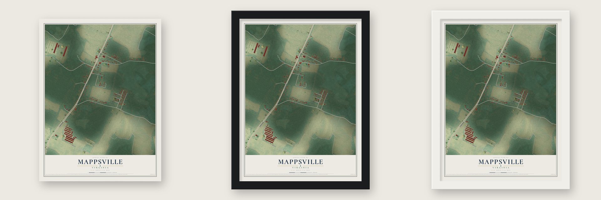 Mappsville, Virginia map unframed, in a black wood frame and in a white wood frame