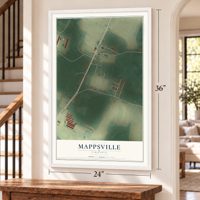 Mappsville, Virginia map, 24 x 36 inch print in a white frame by a staircase