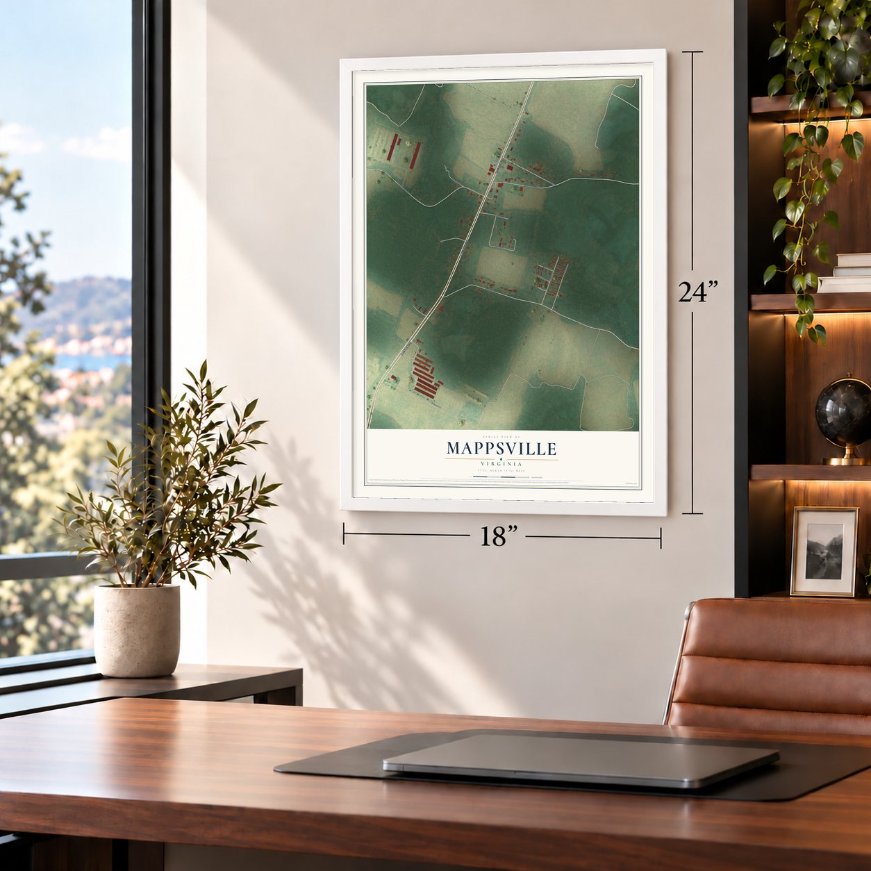 Mappsville, Virginia map, 18 x 24 inch print in a white frame in a home office