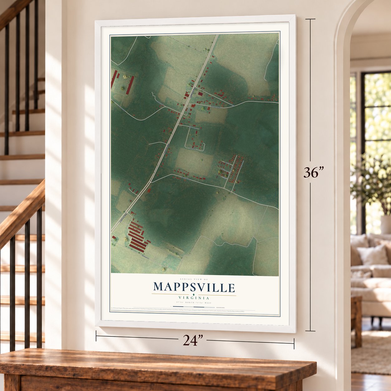 Mappsville, Virginia map, 24 x 36 inch print in a white frame by a staircase
