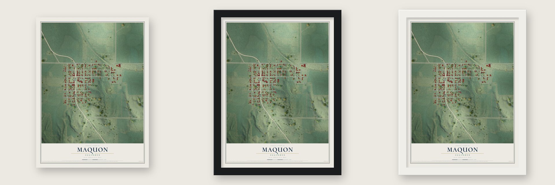 Maquon, Illinois map unframed, in a black wood frame and in a white wood frame