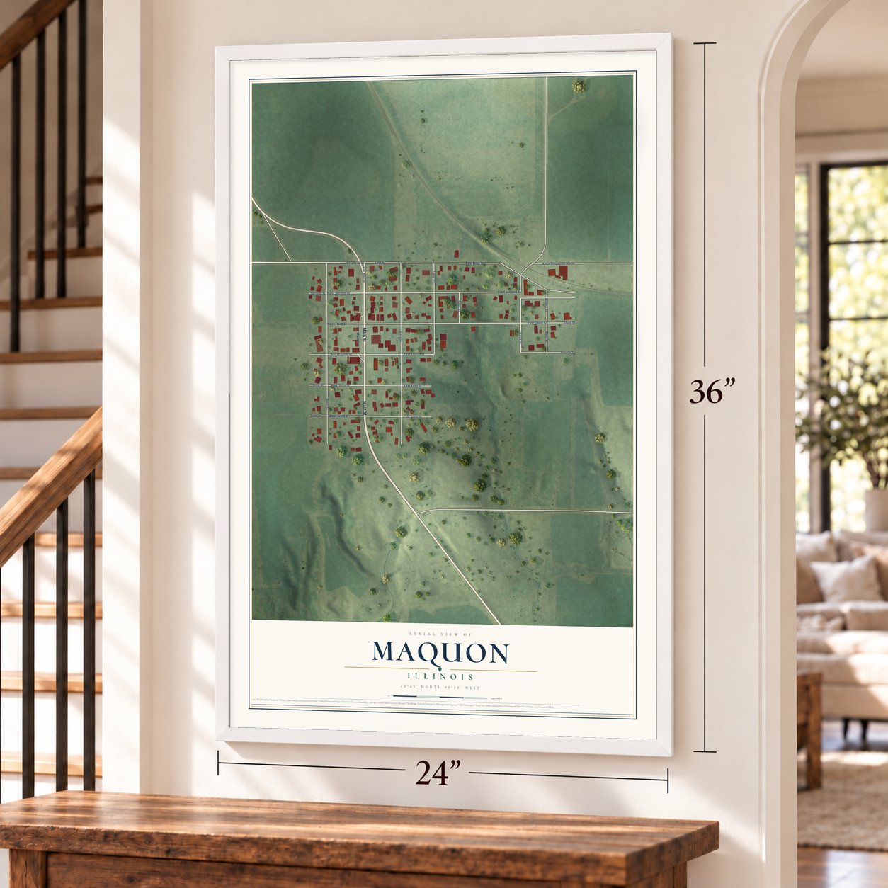 Maquon, Illinois map, 24 x 36 inch print in a white frame by a staircase