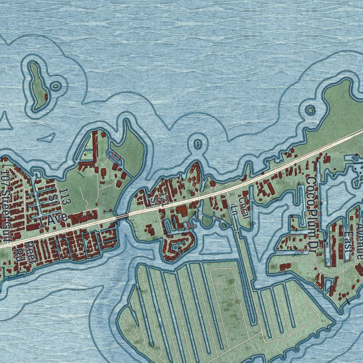 Second close-up of the map of Marathon, Florida print showing more streets and buildings
