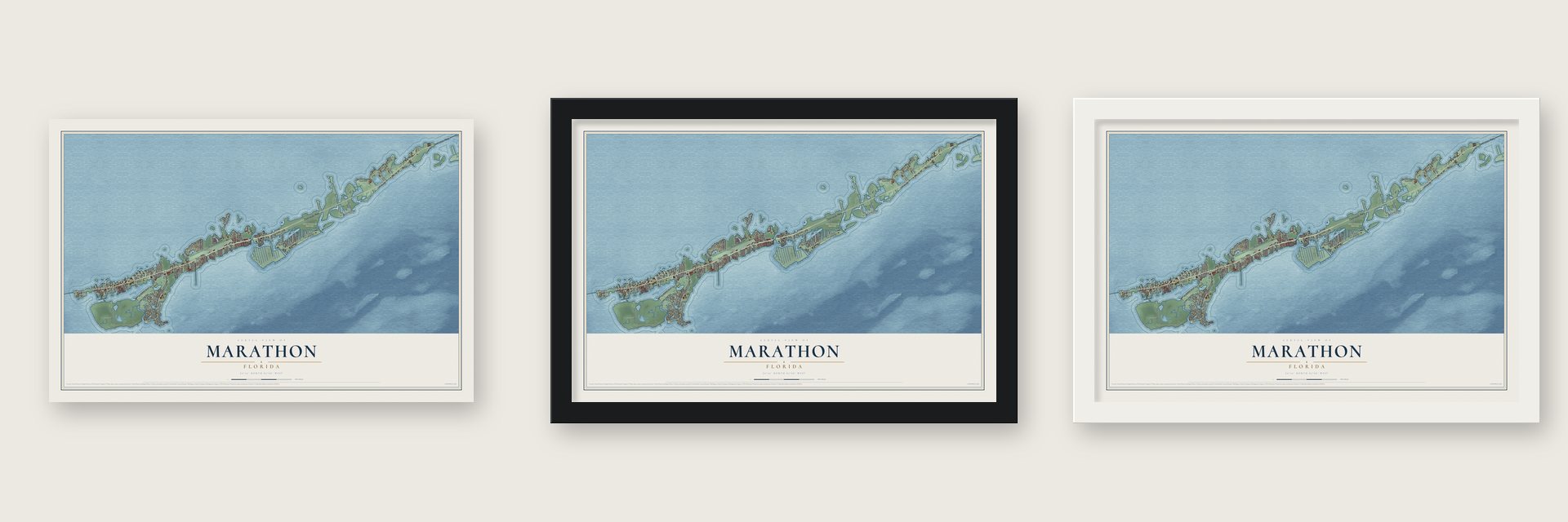 Marathon, Florida map unframed, in a black wood frame and in a white wood frame