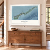 Marathon, Florida map, 24 x 36 inch print in a white frame above a dresser by a staircase
