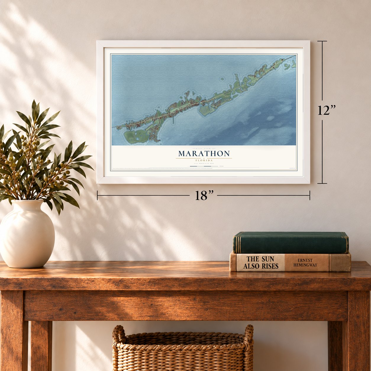 Marathon, Florida map, 12 x 18 inch print in a white frame in an entryway