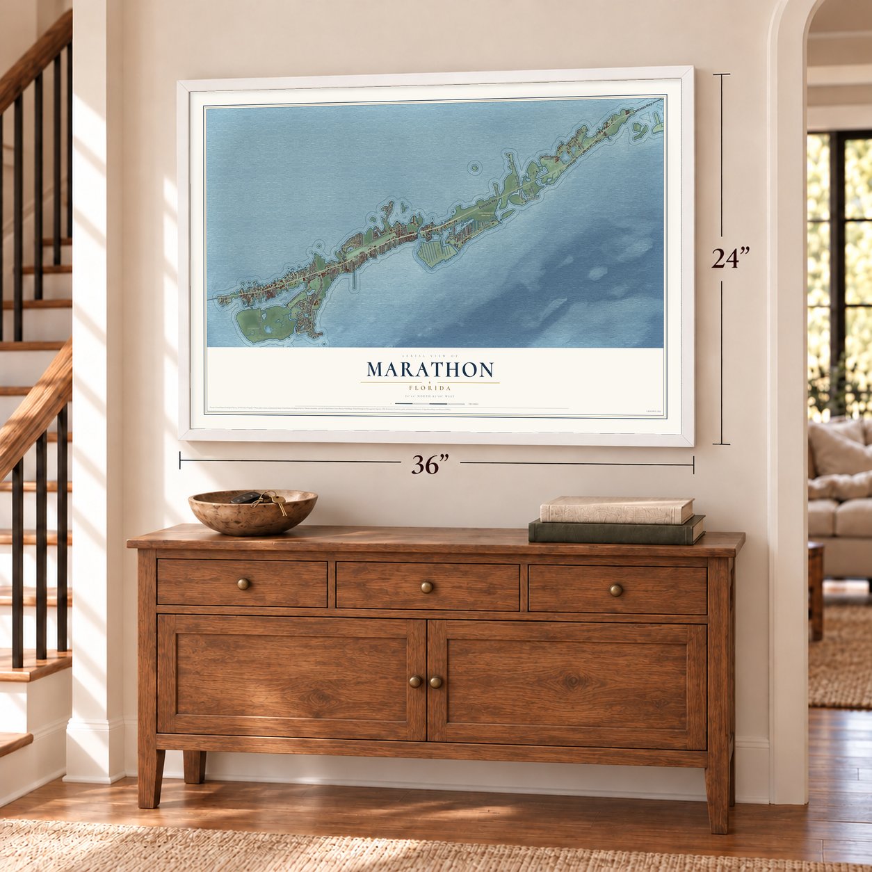 Marathon, Florida map, 24 x 36 inch print in a white frame above a dresser by a staircase